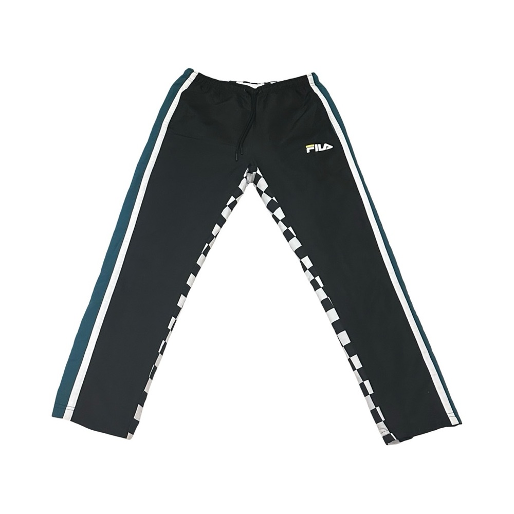 FILA waterproof pants with black and white checkered pattern and green stripes